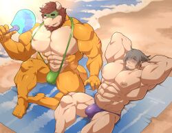 2023 abs anthro beach beard big_muscles big_nipples big_pecs bodily_fluids brown_hair bulge clothed clothing duo eye_patch eyewear facial_hair fangs fanning fanning_self gay green_body green_mankini grey_hair hair hands_behind_head hi_res horn human human_on_anthro interspecies koopa larger_anthro larger_male lying maldu male male/male mammal mankini mario_(series) multicolored_body muscular muscular_anthro muscular_human muscular_male navel nintendo nipples pecs sand scalie seaside sideburns signature size_difference smaller_human smaller_male speedo speedo_only sweat swimwear teeth topless towel water white_body yellow_body