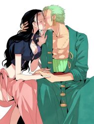 1boy 1girls 2d age_gap artist_request blush breath cleavage closed_eyes couple female hand_on_head holding_hands interlocked_fingers kissing long_hair love male mature_female nico_robin older_female one_piece post-timeskip roronoa_zoro sarong straight sunglasses younger_male