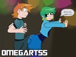 1boy 1girls against_wall ahoge black_eyes buttjob clothed erection erection_under_clothes female green_hair heart light_green_hair looking_back male omegart55 orange_hair ramona_flowers scott_pilgrim scott_pilgrim_takes_off scott_w_pilgrim self_upload short_hair spanish_text sweat two_tone_hair