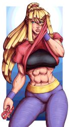 1girls abs after_workout blonde_hair blue_eyes breasts light-skinned_female light_skin looking_at_another metroid nintendo samus_aran sweat sweating thighs wiping_sweat wiping_with_shirt xmrnothingx