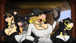 alcina_dimitrescu_(cosplay) anthro anthro_only big_breasts black_hair blonde_hair bovine breasts clara_(drunken_tales) cosplay daughter drunken_tales female female_only fully_clothed lord_sarloc lorelei_(drunken_tales) milf mina_(drunken_tales) minotaur monique_(drunken_tales) mother oc open_mouth red_hair resident_evil resident_evil_8:_village