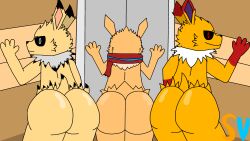 2023 absurd_res anthro ass bent_over butt_focus clothed clothing digital_media_(artwork) eeveelution elevator first_person_view fur generation_1_pokemon group head_tuft hi_res inside jolteon lightwavethejolteon looking_at_viewer male male/male multicolored_body multicolored_fur neck_tuft nintendo nude partially_clothed pokemon pokemon_(species) presenting presenting_hindquarters raised_arm rear_view scarf smile smiling_at_viewer smirk smirking_at_viewer speedyvibes speedyvibes(character) toony trio tuft vibesthejolteon