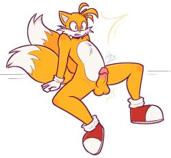 anthro blue_eyes blush blush_lines canid canine clothing erection exposed_torso footwear footwear_only fox fur genitals handwear male male_only mammal mikifluffs mostly_nude orange_body orange_fur penis sega shocked shocked_expression shoes shoes_only solo sonic_(series) sonic_the_hedgehog_(series) surprise surprised_expression tails