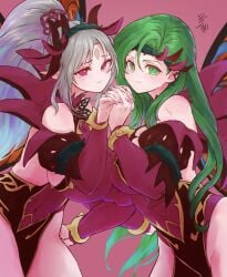 2girls alternate_costume annand_(fire_emblem) asymmetrical_docking bare_thighs breast_press breasts cosplay fairy fairy_wings female female_only fire_emblem fire_emblem:_genealogy_of_the_holy_war fire_emblem_heroes green_eyes green_hair green_nails grey_hair holding_hands huge_breasts large_breasts long_hair long_nails looking_at_viewer multicolored_hair multiple_girls nail_polish nintendo pelvic_curtain pink_eyes pink_nails plumeria_(fire_emblem) plumeria_(fire_emblem)_(cosplay) pointy_ears ponytail sideboob smile ta_dasu_(tadasu_hayashi) thighs very_long_hair yuri