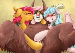 babs_seed_(mlp) biting_lip blush bodily_fluids bovid bovine brown_body brown_fur brown_hair clitoris cozy_glow_(mlp) earth_pony equid equine female female/female female_only feral feral_only friendship_is_magic fur genital_fluids grin hair hasbro horn horse james_corck kissing mammal my_little_pony pegasus pink_body pink_fur pony pussy pussy_juice smile teeth trio yak yona_yak_(mlp) yuri