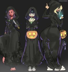 1girls 2futas alternate_version_available ass better_version_at_source big_ass big_butt big_penis box_cutter breasts candy_bucket clothing cosplay demon demon_girl egg_(streachybear) fully_clothed futa_only futanari halloween huge_ass huge_cock looking_at_viewer lowres mostly_clothed nerd nerdy_female pearl_(streachybear) penis phone precum precum_drip resident_evil resident_evil_8:_village riley_(streachybear) streachybear tagme thick_thighs thumbnail