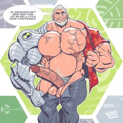 balls beard ben_10 big_balls big_penis boner cum erection facial_hair grey_hair male male_only max_tennyson muscles muscular old_man older_male overweight penis removing_shirt shirt solo solo_male speech_bubble undressing wolfiecanem