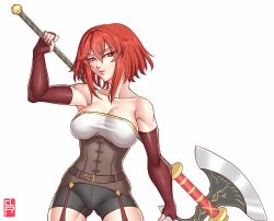 1girls armpits ass_visible_through_thighs axe bare_shoulders bare_thighs breasts cleavage cleru_(cleruuuuu) collarbone elbow_gloves female female_only fingerless_gloves fire_emblem fire_emblem:_mystery_of_the_emblem fire_emblem:_shadow_dragon_and_the_blade_of_light garter_straps gloves large_breasts medium_hair minerva_(fire_emblem) nintendo red_eyes red_hair shorts shoulders solo thighs weapon white_background