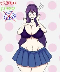 2023 alternate_breast_size blue_skirt blush breasts_bigger_than_head cut_mark doki_doki_literature_club embarrassed embarrassed_underwear_female embarrassed_undressed_female euf female full_comfort full_comfort_(strip_game) full_comfort_yuri_(strip_game) huge_breasts huge_hips nervous part_3 purple_bra purple_hair scars_on_arm schoolgirl strip_game underwear undressed wide_hips yuri_(doki_doki_literature_club)