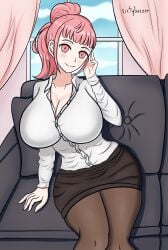 1girls alternate_costume alternate_hairstyle bangs breasts cleavage couch female female_only fire_emblem fire_emblem:_three_houses fire_emblem_warriors:_three_hopes hilda_valentine_goneril indoors large_breasts long_sleeves looking_at_viewer medium_hair nintendo office office_lady official_alternate_hairstyle on_couch pantyhose pink_eyes pink_hair ponytail sitting sixtybuzzer skirt smile solo