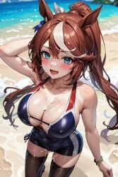 ai_generated animal_ears breasts_expansion brown_hair female horse_girl pony_tail ribbon swimwear tokai_teio_(umamusume) two_tone_hair umamusume