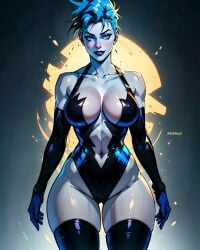 ai_generated big_breasts blue_body blue_eyes blue_hair blue_skin dc dc_comics fr34ky light_blue_hair livewire superman_(series) supervillain supervillainess thick_thighs villain villainess