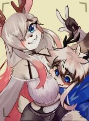 1boy 1girls 2d_(artwork) anthro anthro_only antlers aster_faye blue_eyes blush blush_lines face_in_breasts fur furry furry_only hoodie jackalope lagomorph leporid male/female markings markings_(fur) one_eye_covered peace_sign posing selfie smile smiling_at_viewer spiral_eyes submissive_male tagme taking_picture