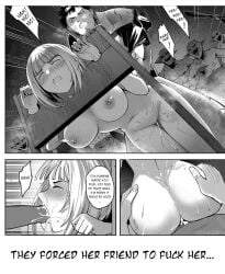 1boy 1girls armor big_breasts big_penis black_and_white blonde_hair blowjob bondage comic cum cum_drip cum_in_pussy cum_inside cum_on_body cum_on_face dialogue doggy_style edit edited english_text exposed_breasts female forced forced_exposure forced_oral forced_partners forced_presentation friends goblin goblin_male implied_sex kichiku_eiyuu manga medieval monochrome muscular_male naked nude official_art oral penetration rape rough_sex savage_hero sex_from_behind short_hair slave speech_bubble text tied_up vaginal