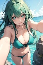 1girls 2023 ai_generated bad_anatomy barefoot beach bikini blue_bikini blue_swimsuit breasts female female_focus female_only full_body green_hair lip_gloss long_hair looking_at_viewer nature perspective pixai revealing_swimsuit rule_34-tan rule_34_(booru) selfie site-tan smile smiling turquoise_eyes