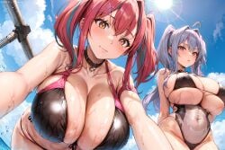 2girls ai_generated azur_lane bikini blue_hair breasts bremerton_(azur_lane) cleavage female huge_breasts kotori_tenyaya light-skinned_female light_skin long_hair naughty_face nude nude_female outdoors pink_eyes pink_hair pola_(azur_lane) smile solo stable_diffusion twintails