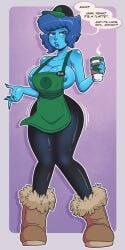 blue_skin cartoon_network coffee gem_(species) hat huge_breasts iced_latte_with_breast_milk lapis_lazuli_(steven_universe) naked_apron name_tag nipples steven_universe tagme wrenzephyr2