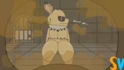 16:9 2023 absurd_res anthro ass bent_over blurred_background butt_focus digital_drawing_(artwork) digital_media_(artwork) dungeon eeveelution english_text fart fart_cloud fart_fetish first_person_view fur gas_mask generation_1_pokemon hi_res jolteon looking_at_viewer male male/male mask multicolored_body multicolored_fur nintendo pokemon pokemon_(species) shaded simple_shading smelly smile smiling_at_viewer smirk smirking_at_viewer smug_grin solo speedyvibes stink_fumes text trapped vibesthejolteon widescreen