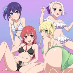 ass ass_focus bikini blonde_hair blue_eyes blue_hair green_eyes hoshizaki_rika kanojo_mo_kanojo kiryuu_shino medium_breasts minase_nagisa multiple_girls pink_eyes pink_hair ponytail purple_eyes ribonzu saki_saki saki_saki_(kanojo_mo_kanojo) white_hair yoshida_suika