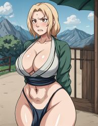 1girls abs ai_generated bare_thighs blonde_hair blush breasts cleavage cowboy_shot curvy embarrassed female female_only gardener_ai haori highleg huge_breasts kimono large_breasts loincloth midriff naruto naruto_(series) nature_background navel no_pants outdoors outside partially_clothed pelvic_curtain revealing_clothes solo stable_diffusion thick_thighs thin_waist tsunade wide_hips