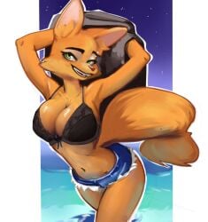 animal_ears anthro big_breasts bra breasts canid canine cheek_tuft clothes diane_foxington dreamworks eyebrow_piercing eyebrows eyelashes facial_piercing facial_tuft female fox fox_ears fox_girl green_eyes inner_ear_fluff lips mammal orange_body orange_fur piercing reinecke smile tail teeth the_bad_guys underwear