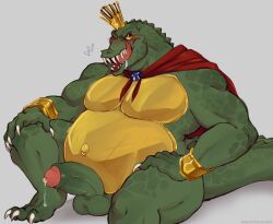 anthro balls belly bodily_fluids crocodile crocodilian crocodylid crown donkey_kong_(series) dripping erection foreskin genital_fluids genitals girthy gold_(metal) green_body headgear hi_res humanoid_penis k_rool king looking_at_viewer male male_only musclegut nintendo penis precum precum_drip reptile royalty scalie sketch slightly_chubby solo unposturedfile