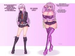 1girls alternate_version_available ass_expansion before_and_after bimbo bimbo_body bimbo_lips bimbofication bimbofied breast_expansion danganronpa english_text female female_only hair_growth high_heel_boots high_heels hourglass_expansion huge_ass huge_breasts kirigiri_kyouko lip_expansion midriff navel platform_heels purpluck solo text thick_lips thick_thighs thigh_expansion thighs transformation wide_hips