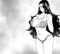 animal_ears azuma_fubuki bare_shoulders black_hair blush bra breast_suppress breasts character_name cleavage feet_out_of_frame female female_focus hair_over_one_eye japanese_text large_breasts legs long_hair looking_at_viewer mato_seihei_no_slave mature_female milf monochrome ps_waller simple_background smile solo standing thighs underwear