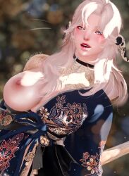 au_ra big_breasts blonde_hair blue_eyes blush breasts final_fantasy final_fantasy_xiv girly hair hi_res kimono lizard naked nipples no_bra one_breast_out raen revealing_breasts revealing_clothes saki_xiv smile solo solo_focus standing