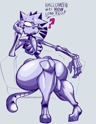 big_thighs bone chair grey_background halloween sitting skeleton skeleton_cat_(xexeezy) skull_cat_(xexeezy) tagme text xexeezy