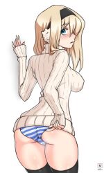 ass blonde_hair blue_eyes blush born_of_itheriont breasts kawa-v leiko_stauss long_hair looking_back panties thighhighs