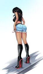 bimboaudino bimbovaporeon black_hair female female_only fully_clothed high_heel_boots high_heels holding_cigarette holding_object huge_ass huge_breasts jean_shorts latina midriff shiny shorts smoking story_at_source thick_thighs wide_hips