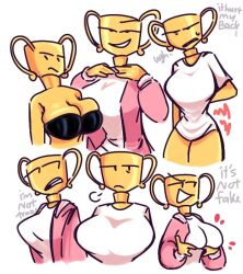 big_breasts black_bra breast_grab breasts inanimate_insanity kmitsumi man_boobs man_breasts moobs object_shows pink_jacket tagme trophy_(ii) white_shirt