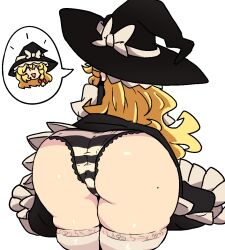 ass ass_focus big_butt black_string_panties black_stripes blonde_hair butt butt_focus closed_eyes fat_ass female long_hair marisa_kirisame mole mole_on_butt notnoe_(dxcl) panties pantyshot presenting skindentation smile striped_panties thick_thighs thighhighs touhou white_background wide_hips witch witch_hat