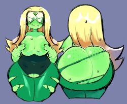 1girls 2023 2d areolae blonde_female blonde_hair breasts breasts_out cartoon_network closed_mouth clothing color female female_only freckles_on_ass fushigukuro gem_(species) green_body green_skin hair_down hands_on_breasts hands_on_own_chest large_areolae large_ass large_breasts long_hair looking_away multiple_angles nipples nokkorone peridot_(steven_universe) ripped_clothing simple_background solo solo_female standing steven_universe sweat sweatdrop sweating sweaty_body sweaty_breasts sweaty_butt sweaty_face torn_clothes torn_clothing torn_open_bottoms