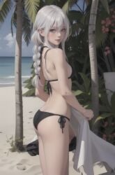 1girls ai_generated ass beach bikini black_bikini blue_eyes blush braid bush elaina_(majo_no_tabitabi) flowers hair_braid looking_back majo_no_tabitabi ocean palm_tree petite realistic sand small_breasts standing towel white_hair