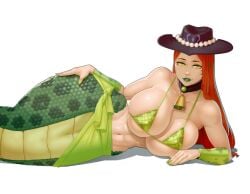 1girls arm_sleeves bikini_top breast_squish breasts cassiopeia_du_couteau choker cowbell cowboy_hat desperada_cassiopeia green_lips hand_on_hip high_noon_series ictiwinter lamia large_breasts league_of_legends long_hair lying_down lying_on_side materclaws monster_girl naga no_background orange_hair pinup snake_girl solo solo_female staring_at_viewer tight_bikini waist_wrap yellow_eyes