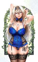 absurdres blonde_hair blue_eyes breasts bug butterfly earrings female flower garter_straps hair_between_eyes hair_ornament highres ivy jewelry large_breasts long_hair looking_at_viewer necklace open_mouth original solo teeth tongue upper_teeth_only uzura_kazuhisa