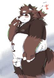 2023 anthro balls belly big_belly blush brown_body brown_fur canid canine fur genitals hi_res humanoid_hands kemono male mammal moobs nipples penis raccoon_dog simple_background small_penis solo tanuki tsurugi