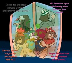 1girls 4girls ass clothed dawn_(pokemon) elevator fart fart_fetish fat_ass gloria_(pokemon) hilda_(pokemon) may_(pokemon) multiple_girls pokemon selene_(pokemon) stuck stuck_together