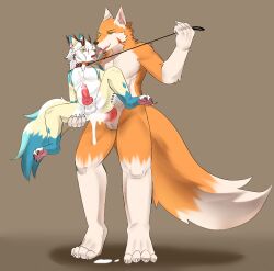 absurd_res anthro belly blueberryfoxz bluefoxzaza bodily_fluids canid canine collar cum cum_overflow duo excessive_cum excessive_genital_fluids fox genital_fluids hi_res hybrid hyper hyper_cum inflation inflation kissing leash leash_pull leashed_collar lifted male male/male mammal osuki red_fox size_difference