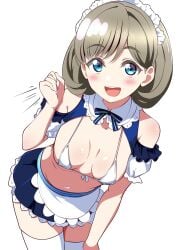 :3 :d bent_over blush blush_stickers cheerful cowboy_shot legwear love_live! love_live!_superstar!! maid_headdress maid_outfit maid_uniform medium_breasts micro_bikini open_clothes smile tang_keke