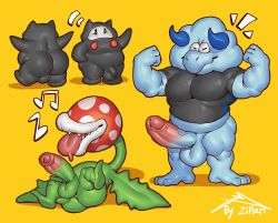 anthro ass_focus ass_view balls biceps biped black_body blue_body blue_horns bulrush_(mario) butt_focus butt_view elemental_creature erection flexing flora_fauna genitals green_body group hi_res horns humanoid male male_only mario_(series) music_notes ninji_(mario) nintendo penis piranha_plant plant simple_background super_mario_bros._wonder tongue_out trio yellow_background zi_ran