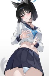 absurdres allied_hyakkiyako_academy_student animal_ear_fluff animal_ears black_choker black_eyes black_hair black_nails blue_archive blue_sailor_collar blue_skirt blush breasts cat_ears cat_girl cat_tail choker female halo highres hyakkaryouran_conflict_resolution_council_(blue_archive) jaduade kikyou_(blue_archive) long_sleeves looking_at_viewer nail_polish neckerchief panties pleated_skirt sailor_collar school_uniform serafuku short_hair simple_background skirt solo spoken_squiggle squiggle tail underwear white_background white_panties