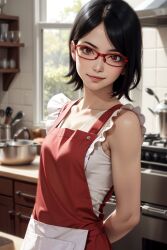 ai_generated boruto:_naruto_next_generations dark_hair dishes glasses kitchen naruto realistic red_eyes sarada_uchiha small_boobs