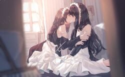 2girls apron benevole black_hair bra breasts broom brown_hair closed_eyes curtain hand_on_arm kissing kneeling kneeling_on_floor long_hair maid maid_apron maid_headdress maid_uniform medium_breasts original undressing white_bra window yuri