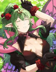 1girls alternate_costume blush breasts cleavage dress english_commentary female female female_only fire_emblem fire_emblem_awakening fire_emblem_heroes gloves green_eyes green_hair hair_ornament highres long_hair medium_breasts nintendo official_alternate_costume pointy_ears ponytail ribbon sakuremi sleeping solo thighhighs tiki_(adult)_(fire_emblem) tiki_(adult)_(resplendent)_(fire_emblem) tiki_(fire_emblem) upper_body