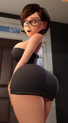 1girls 3d 3d_(artwork) 3d_model ass_focus big_ass big_breasts big_butt disney elastigirl glasses helen_parr hoop_earrings image looking_at_viewer looking_back mature_female milf pixar pixar_mom smitty34 speech_bubble the_incredibles tight_dress voluptuous voluptuous_female