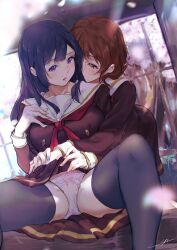 2girls all_fours behind_another black_hair black_legwear blurry breasts brown_eyes brown_hair cherry_blossoms clothes_lift depth_of_field falling_petals hibike!_euphonium highres hug hug_from_behind kitauji_high_school_uniform kousaka_reina kuziaaizuk long_hair long_sleeves looking_at_another looking_back medium_breasts medium_hair multiple_girls neckerchief oumae_kumiko panties pantyshot parted_lips petals purple_eyes red_neckerchief sailor_collar school_uniform serafuku signature sitting skirt skirt_lift spread_legs straight_hair thighhighs underwear wavy_hair white_panties yuri