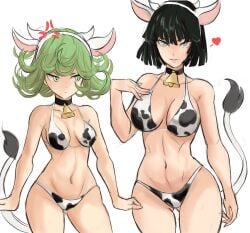 2girls bell bell_collar bikini black_hair breast_envy breasts collar cow_ears cow_horns cow_print cow_print_bikini cow_print_swimsuit cow_tail cowbell fake_animal_ears fake_horns fake_tail female female_only fubuki_(one-punch_man) green_eyes green_hair large_breasts looking_at_breasts looking_at_viewer medium_breasts midriff multiple_girls navel one-punch_man rakeemspoon short_hair sisters swimsuit tatsumaki